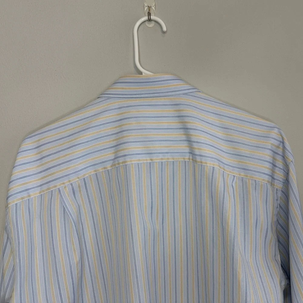 Ermenegildo Zegna Light Blue Yellow Stripe Dress Shirt 16.5 Cotton Portofino - Picture 6 of 11